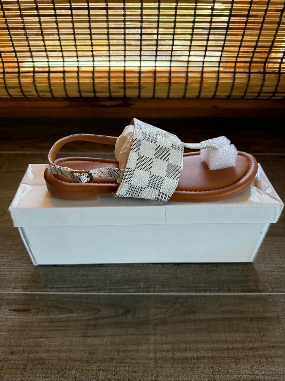 Check-Pattern Slingback Sandals - Gray/White - New - Multiple Sizes - Ships Now